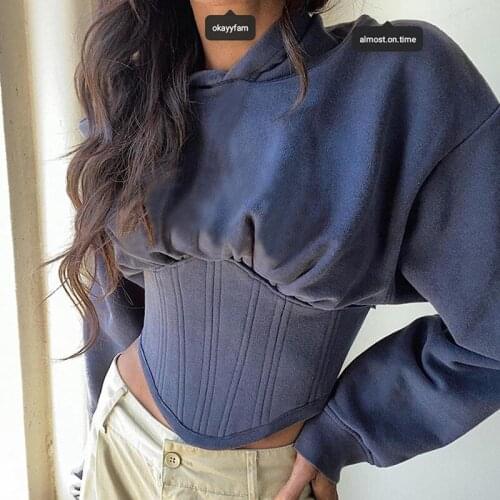 2020 autumn and winter new womens hoodie fashion fish bone waist solid color hooded pullover hoodie women