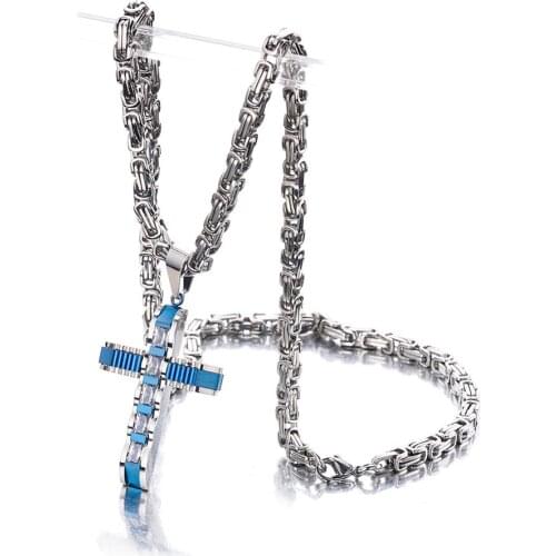 New Design Stainless Steel Blue Cross Bling Crystal Pendant Rock Mens Womens Necklace Jewelry With Byzantium Chain 18-40