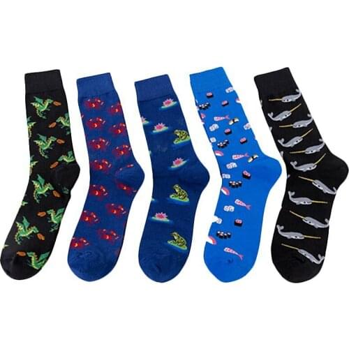 PEONFLY New Combed Cotton Men Crew Socks Funny Frog Dinosaur Pattern Kawaii Hip Hop Happy Socks Casual Harajuku Novelty Sokken