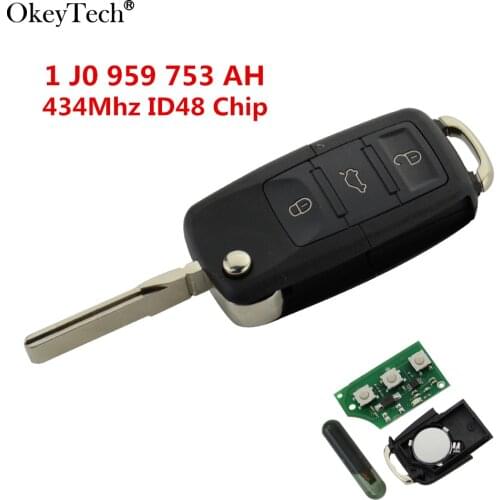 Okeytech 3 Button Remote Key Flip Folding 434Mhz ID48 Transponder Chip For VW Golf 4 5 Passat Polo 2000-2006 1 J0 959 753 AH