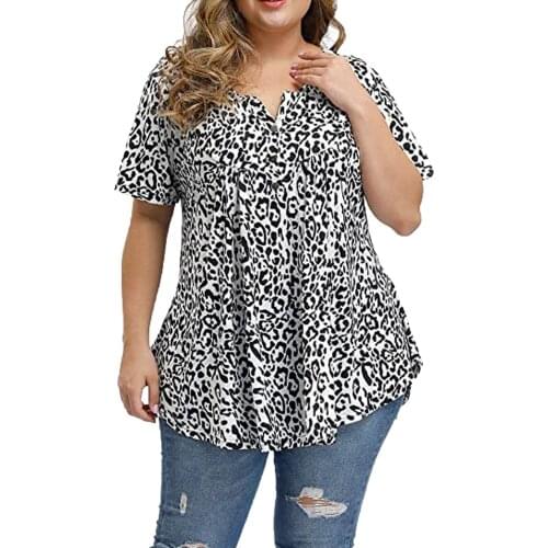 Plus Size Blouse Womens Vintage Leopard Print Casual Tunics Tee O-neck Short Sleeve Pullover Button Shirt Женские Свитера