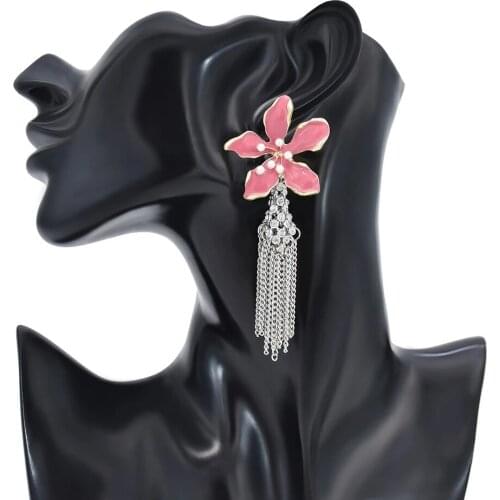 Pink Gold European And American Fashion Cute Flower Type Silver Chain Tassel Long Earrings Red Floral Pearl Pendant Earrings