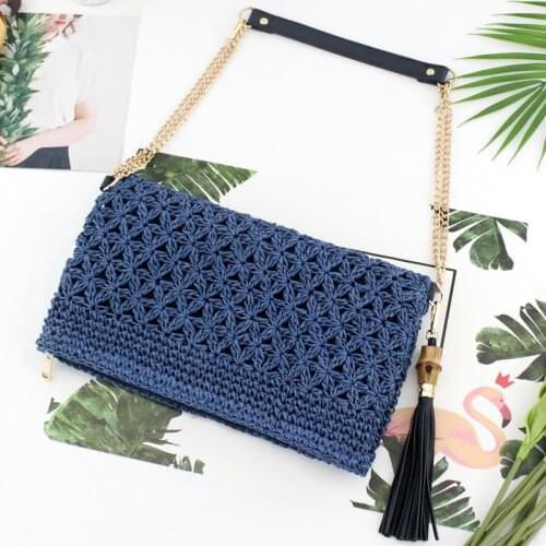 2019 new straw bag paper rope hook flower hand shoulder woven bag bamboo tassel casual beach handbag