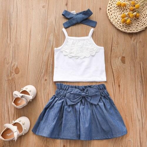 FOCUSNORM 0-3Y Summer Cute Baby Girls Clothes Sets Lace Sleeveless Vest Tops Denim A-Line Skirts Headband 3pcs