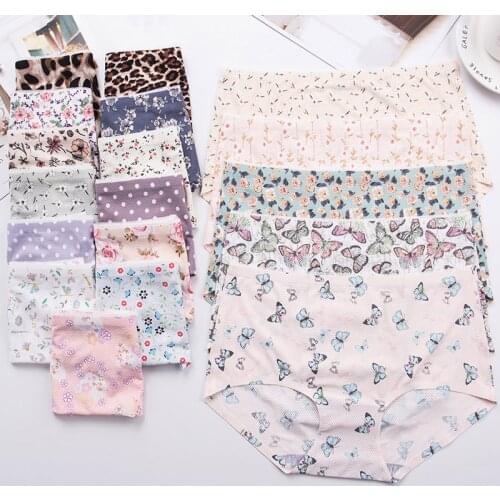 Japanese Ice Silk Seamless Printed Mid-waist Underwear Womens Plus Size One Piece Breathable Cotton Crotch Cartoon Underwear