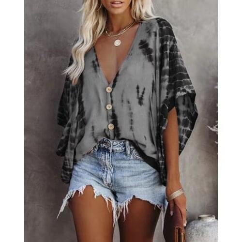 Plus Size Tees Summer Sexy Deep V Neck Button Womens T Shirt Tops Casual Loose Rainbow Print Batwing Sleeve Lady T Shirts 2021