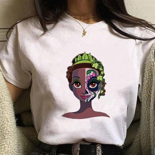 Princess Tiana and Day of the Dead Graphic T Shirt Women Summer 2021 Disney New Cartoon TShirt Print Short Sleeve Streetwear Top