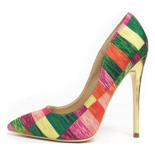 New Arrivals Mixed Colors Pointed Toe High Heeled Pumps For Women Slip-on Gold Metal Heels Patchwork Dress Shoes Big Size 42