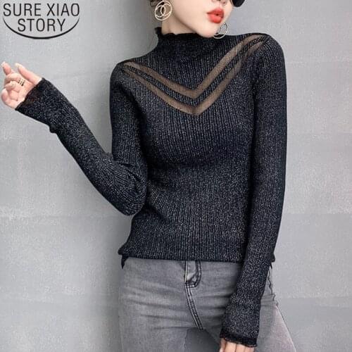 Sexy Hollow Mesh Stitching Sweater Women 2021 Autumn Jumper Sweater Pullover Turtleneck Bright Bottoming Sweaters Tops 11245