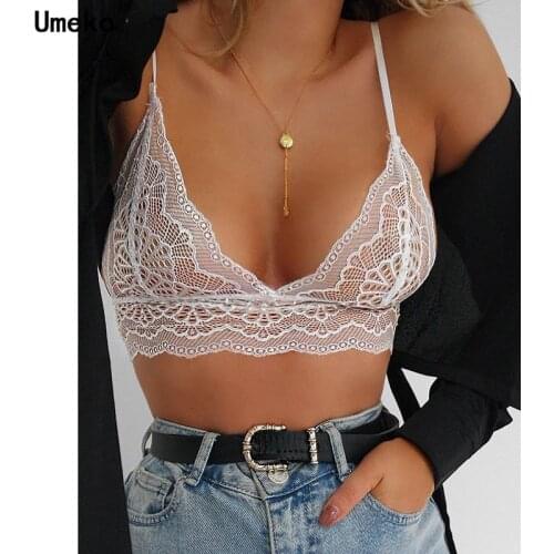 Umeko 2020 New Sexy solid sling Sheer Lace Triangle halter hollow out Bustier club Corp Top Unpaded Mesh Lingerie tops for women