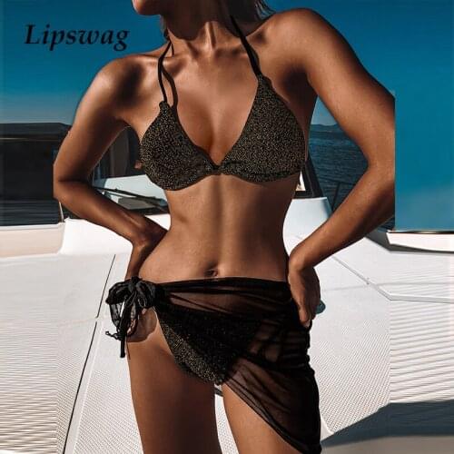 Women Sexy Glitter Strapless Bandage Swimwear Bikini Three Piece Deep V Backless Biquini Push Up Summer Beachwear Bathing Suits