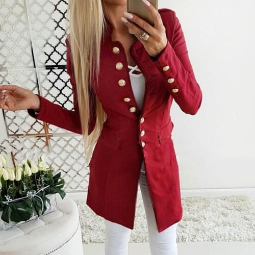 Women Slim Blazer Jackets Casual Stand Collar Long Sleeve Single Breasted Buttons Black Gray Suit Coats Female Fall Long Jackets