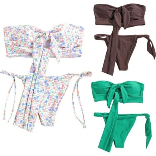 Women Sexy 2pcs Bikini Set Hollow Out Strapless Tie Knot Front Bandeau Swimsuit Side Lace-Up Bandage Thong Bathing Suit