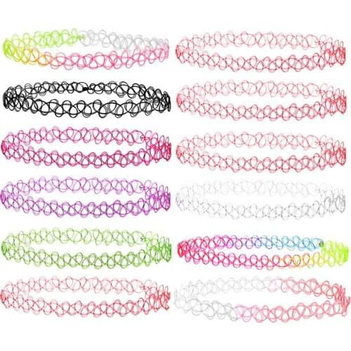 12 pcs/Set Fishline Tattoo Black/Colorful Chokers Necklace Vintage Stretch Gothic Punk Elastic Hollow Chocker for Women Jewelry