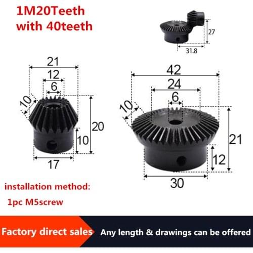 2pcs 1:2 Bevel Gear 1Modulus 20Teeth + 40teeth Inner Hole 6mm 90 Degree Drive Commutation Steel Gears Steel Gears Screw M5