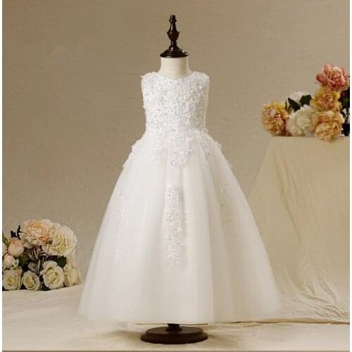 Vestidos de daminha White Tulle Lace Beaded Ball Gown Long Flower Girl Dresses For Weddings 2016 Kids Birthday Party Dresses