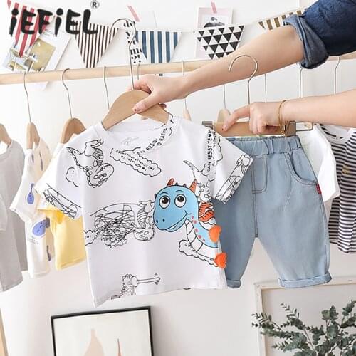 Summer Toddler Boys Girls Clothes 100% Cotton Short Sleeve Cartoon Print T-shirt 2PCS For Kids Children Clothing Suit 12 18 24M
