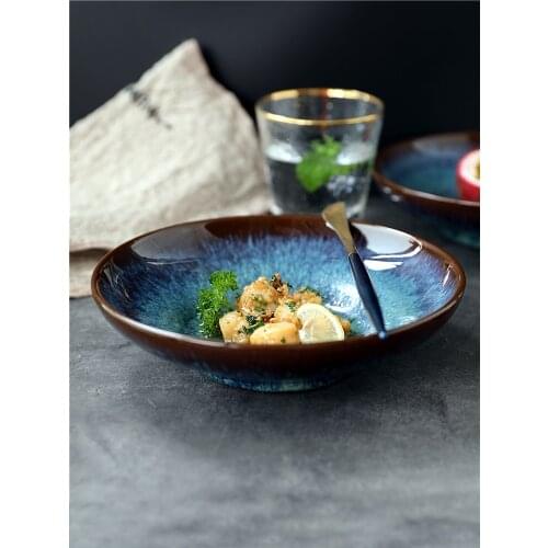 Ceramic Bowl Retro Dinner Plate Round Soup Plate Deep dish Ceramic Pasta Plate Creative Salad Steak Plate Home Tableware