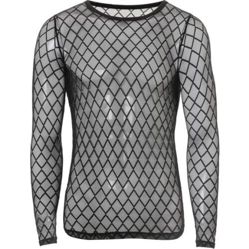 New Fashion Mens Sexy Transparent Gauze Undershirt Utra-thin O-neck Diamond Mesh Long Sleeve Fitness T Shirt Men Vest