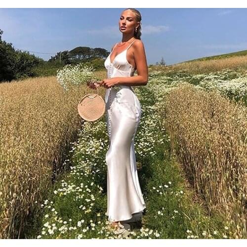 White Satin Flared A-Line Backless Spaghetti Strap Buttons Dress Sexy Women Party Vacation Elegant Vestido High Waist Maxi Dress