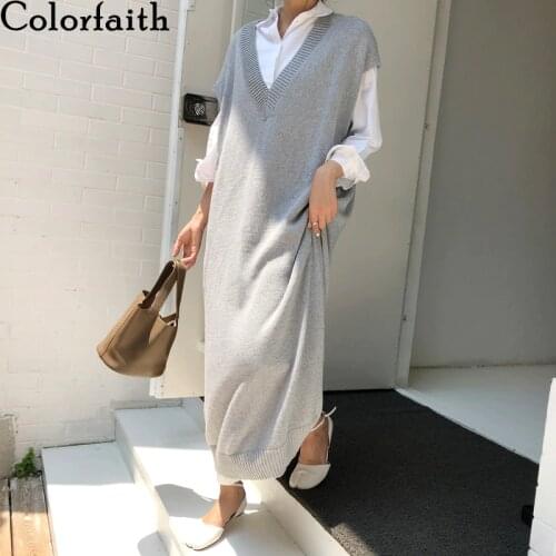 Colorfaith New 2020 Autumn Winter Women Dress V-Neck Knitted Elegant Oversize Sleeveless Korean Solid Lady Long Dresses DR1759