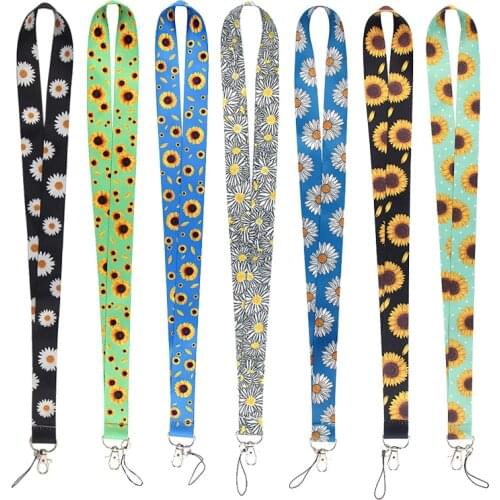 Ransitute R1253 Sunflower Hidden Disability White Daisy Painting Art Key Chain Lanyard Neck Strap Keys ID Card Creative Lanyards