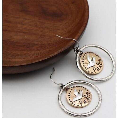 Dove Of Peace Earrings Two Tone Burnished Gold Burnished Silver Statement Earring For Women Circle Hoop Ear Rings Zinc 202174