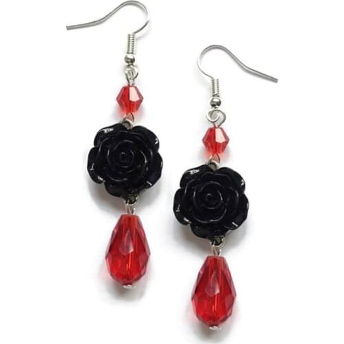 Black Rose Earrings with Red Beads, Rockabilly Jewellery,Romantic Valentine Gift for Her,Floral Jewelry, Gothic Victorian Weddin