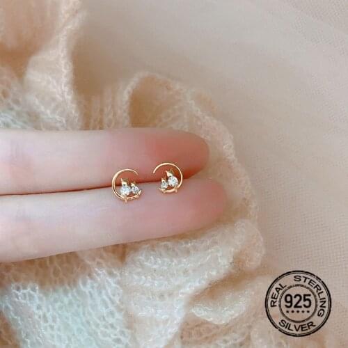 925 Sterling Silver Earrings For Women Gold Moon Cat Crystal Zircon Korean Retro Fashion Design Simple Lady Gifts Jewelry INEFFA