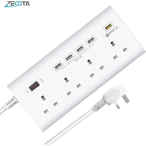 Power Strip Surge Protector 4 AC Outlets UK Plug Sockets with USB Smart QC3.0 Quick Charger and 1.8m Extension Cord Desktop Use
