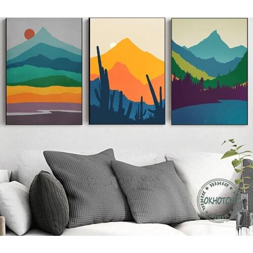 Scandinavian Abstract Sunset Mountain Landscape Picture Wall Art Canvas Painting Colourful Poster for Living Room Home Decor