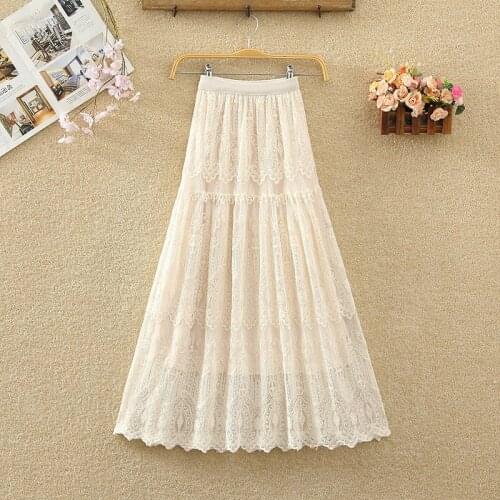Fashion Lace Patchwork Gauze Skirt Women Vintage Medium Long Skirt New 2021 Summer Elegant Ladies Solid A-line High Waist Skirts