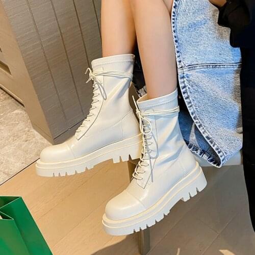 Fashion Cross Tied Ladies Mid Calf Boots Spring Autumn Zipper Square High-Heel Motorcycle Boots Winter Platform Womens Shoes