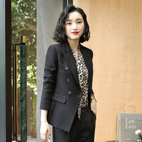 Womens suits autumn and winter new temperament fashion double-breasted uniforms set decoration body trousers two-piece suit