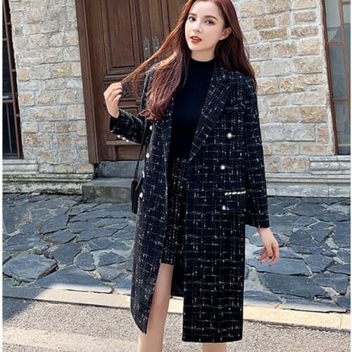 High Quality Autumn Winter Women Tweed Blazer Suit Skirt Set New Chic Plaid Wool Long Lady Coat Jacket Mini Skirt 2-Piece Suits