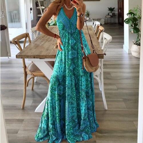 Floral Print Long Dress Women Elegant Sleeveless Sling Party Dress 2021SummerBohemian V Neck Loose Vintage Slim Beach Dresses