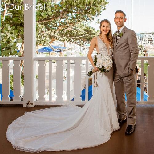 Plunging Neck Mermaid Wedding Dresses Low Back Pearl Beaded Sleeveless Appliqued Beaded Real Photo Bridal Gown Vestido de Novia