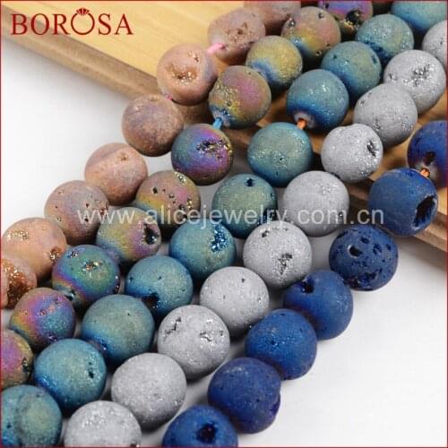 BOROSA Druzy Stone Loose Bead,10mm Round Rainbow Color Natural Stone Titanium Geode Druzy Loose Bead for Jewelry Making LS006