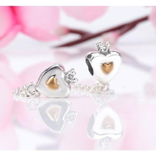 Bewill S925 Sterling Silver Princess Heart Fashion Heart-shaped Safety Chain Charms Fit Bracelet DIY Bead for Jewelry Making