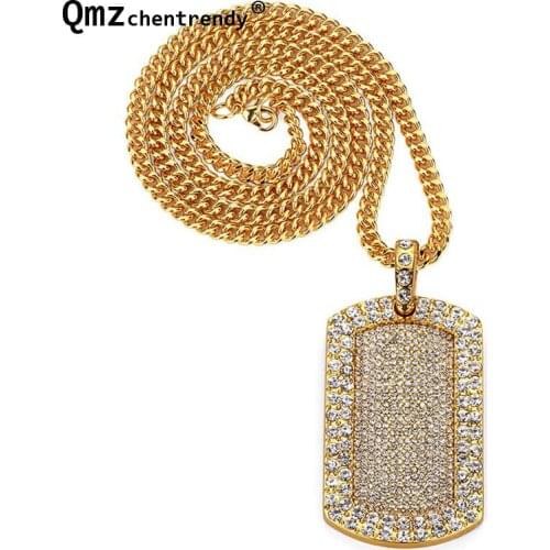 Hip Hop Mens Fully Bling AAA Iced Out Rhinestone CZ Jewelry Dog Tag Pendants Long Cuban Chain Necklace For Mens Women Gifts
