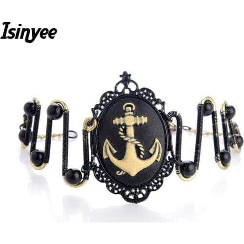 ISINYEE Vintage Black Photo Frame Anchor Charm Bracelet Steam Punk Bangle Bracelets For Men Women Steampunk Ethnic Jewelry