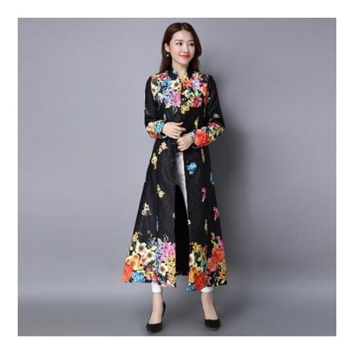 Long sleeve cardigan national wind of new fund of 2019 spring dress retro printing long coat female literary cotton buttons