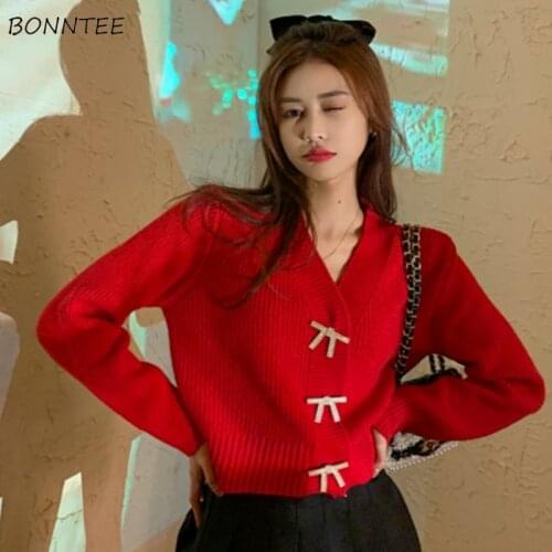 Cardigan Women Short V-neck Bows Solid Knitting Designer Kawaii Loose Outwear Sweet Soft All-match Leisure Trendy Daily Sweater