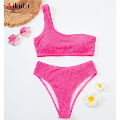 Sexy One Shoulder Bikinis 2021 Muje Swimwear Womens Solid Ribbed Swimsuit Summer Beach Bikini Set Female Swimming Bathing Suits