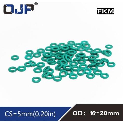 10PCS/lot Rubber Ring Green FKM O ring Seal CS 5mm OD16/17/18/19/20mm Rubber ORings Seal Gasket Fuel sealing Oil Rings Washer