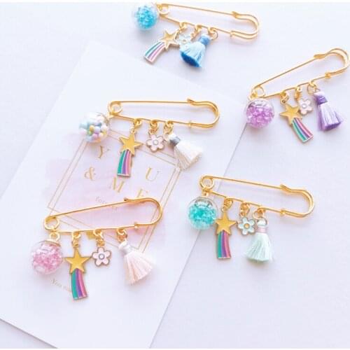 Candy Color Lovely Japanese And Korean Style Glass Ball Tassel Rainbow Brooches Safety Pin Fashion Clothes Decoration Jewelry