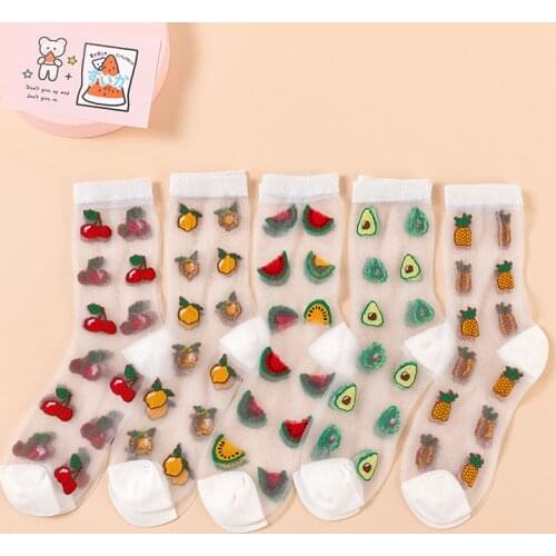Korean Style Thin Transparent Funny Socks Women Fruit Avocado Watermelon Pineapple Creative Design Glass Skarpety Lace Sokken