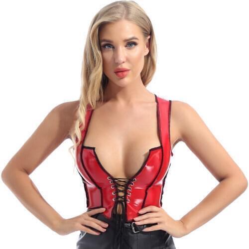 Sexy Women Pole Dance Tops Clubwear Wet Look Patent Leather Crop Top Sexy Shiny Stretchy Sleeveless Lace-up Front Tank Tops Vest