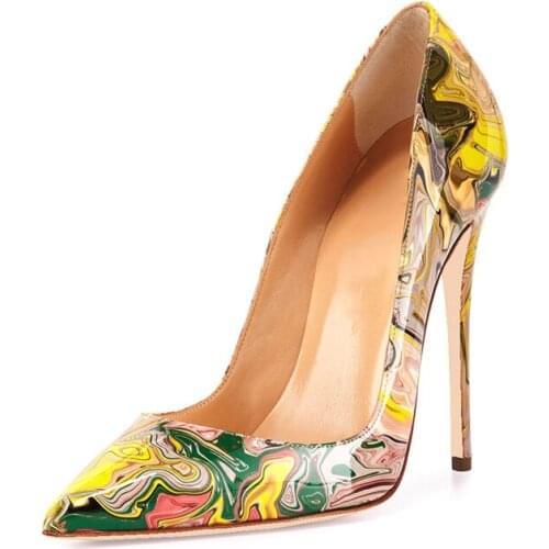 Women High Heels Pointed Toe Artwork Printed Stiletto Heel Slip On Pumps Yellow Dress Shoes