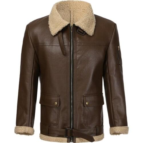 Vintage Men Winter Faux Leather Plush Liner Coat Buckle Motorcycle Short Jacket
